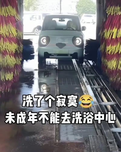 图片展示了一辆小型汽车正在通过自动洗车机，由于车身尺寸过小，两侧的洗车刷几乎无法接触到车身，形成了一种滑稽的画面效果。图片下方配有文字“洗了个寂寞 😂 未成年不能去洗浴中心”，通过谐音和双关语制造笑点，将“洗车”与“洗浴中心”联系起来，暗示这辆小车因为“体型太小”（如同未成年人）而无法享受完整的洗车服务。