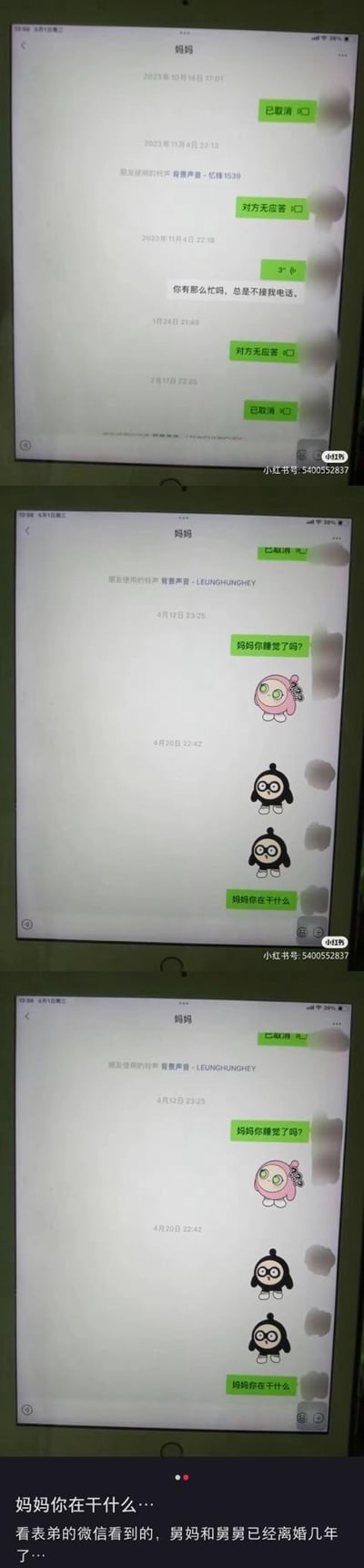 这张图片由三张微信聊天记录截图拼接而成，展示了一段令人困惑的对话。第一张截图中，孩子问"妈妈你在干什么"，而妈妈回复了标准的添加好友后的系统提示和"你是谁"等内容。第二和第三张截图在对话基础上添加了卡通角色，包括一个粉色角色和两个黑色戴眼镜的角色。最后有文字揭示："看了弟弟的微信看到的，妈妈和舅舅已经离婚几年了"，暗示这可能是一段涉及家庭关系变化的复杂对话。