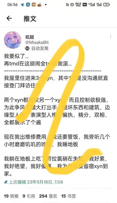 这是X平台（原推特）用户@MisakaBit（叽翅）的原创吐槽推文，博主自述留宿三个xyn后遭遇一系列糟心事：其中一个不打招呼直接登门，另外两个因争风吃醋大打出手，砸坏物品和建筑，展现出边缘型、表演型等多种极端人格特质。博主不仅要承担维修费用、管饭，还要听几小时争吵，自己睡地板，甚至服用劳拉氯硝仍失眠，最终陷入崩溃绝望的情绪，发文吐槽自己的愚蠢决定。
注：文中“似了”是“死了”的谐音写法，“xyn”应为特定指代的虚拟角色或相关存在。