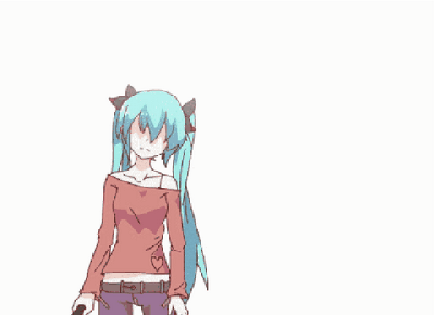 这是一张动态GIF图，主体是经过二次创作的虚拟歌手初音未来，她被改编为无面部五官的形象，身着红棕色露肩上衣与深色裤子，手持类似游戏手柄的物品，在纯白色背景下做出身体摇摆的动作，风格简约魔性。