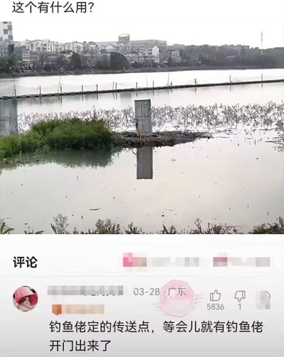 图片展示了一片平静的湖泊，湖中央的小岛上突兀地立着一扇灰色的门，周围长满了枯萎的水生植物，门的倒影清晰地映在水中。背景是模糊的城市建筑群和树木。图片左上角配有文字“这个有什么用？”，引发对这扇孤立门用途的疑惑。下方评论区显示一条来自广东用户的幽默留言：“钓鱼佬定的传送点，等会儿就有钓鱼佬开门出来了”，点赞数达5836次，将突兀的门调侃为钓鱼爱好者的“传送门”，充满网络趣味性。