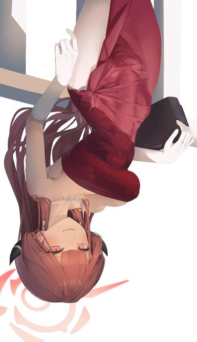 这是一张倒置呈现的《蔚蓝档案》角色陆八魔爱露的3D渲染同人图，角色有着红棕色长发与标志性黑色小角，身着修身酒红色礼服，搭配白色长手套与精致项链，手持黑色手包，眼神慵懒柔和，背景简洁干净，底部带有《蔚蓝档案》的标志性光环图案，整体风格精致优雅，尽显角色的温婉气质。