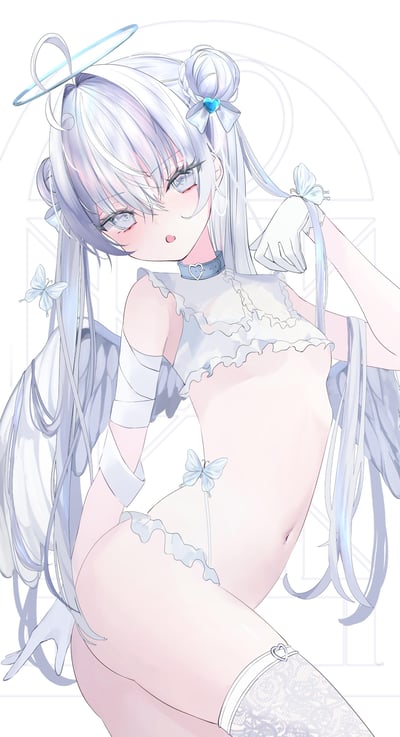 这是一张AI生成的二次元风格插画，画面主体是一位银发天使风少女：她有着通透的淡蓝色眼眸，头顶悬浮着一圈浅蓝色的天使光环；头发为渐变银白，扎起半丸子头，用带有蓝色爱心装饰的蝴蝶结固定。少女身着白色荷叶边露脐上衣与同风格下装，搭配白色短手套和蕾丝长袜，背后有着简约的白色天使翅膀，几只浅蓝色的蝴蝶点缀在她的身侧。少女以俯身的姿态看向镜头，嘴角微张露出一点舌头，表情带着娇俏感，整体色调以纯净的白色和柔和的浅蓝为主，风格清新又不失性感，适合作为手机壁纸或二次元收藏内容。
