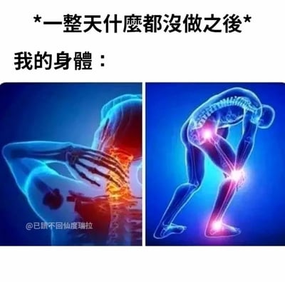 这是一张左右拼接的图文梗图，上方配有文字“*一整天什么都没做之后* 我的身体：”，左侧是显示腰部疼痛的人体可视化示意图，模型手扶后腰，腰部区域以泛红高亮表现疼痛；右侧是显示多部位疼痛的人体可视化示意图，模型弯腰屈膝，髋关节、膝盖、脚踝部位以发光高亮表现疼痛。该图用夸张的医疗可视化画面，精准调侃了当代年轻人明明一整天没有进行繁重体力劳动，身体却会莫名出现多处酸痛的日常状态，引发大众共鸣。