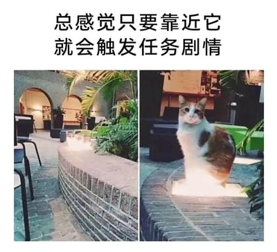 这是一张左右拼接的对比静态图，左侧画面呈现了一处户外场景：砖石砌成的矮台上有一个正在发光的嵌入式地灯，背景是带有拱门的建筑和绿植，整体环境显得静谧；右侧画面中，一只白棕相间的猫咪恰好坐在这个地灯的发光区域上，猫咪正一脸平静地看向镜头，地灯的光线从它身下透出，视觉上仿佛猫咪是从这个发光的“特殊入口”出现。图片上方配有文字“总感觉只要靠近它就会触发任务剧情”，文案借用了电子游戏里的常见设定，将猫咪与地灯的巧合组合联想成游戏中的任务触发点，营造出一种靠近这只猫就能开启游戏任务的趣味氛围，充满了生活化的幽默感。