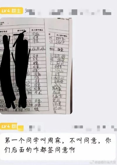 这是一张社交媒体群聊的截图，LV4群主在群内发布了一张学生签字确认表的照片，表格设有“学生电话”“家长电话”“本人签字确认”等栏目。表格中第一位同学的签名为“周霖”，但字迹写法看起来非常像“同意”，后续的同学误以为该栏目需要签署“同意”，便纷纷跟风在“本人签字确认”栏签下“同意”。随后一名LV4群成员在群内吐槽这个搞笑的乌龙事件，指出第一个同学叫周霖而非“同意”，疑惑后面的人为何都跟着签“同意”，引发了对这个生活中有趣误会的讨论。