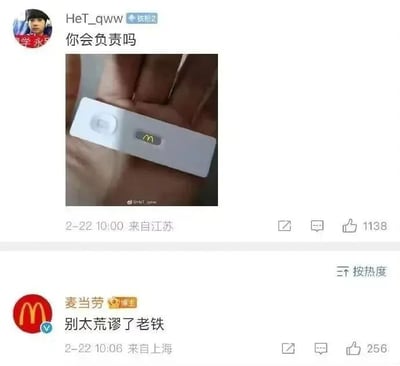 社交媒体截图显示，用户“HeT_qww”发布一张手持白色测试条的照片，测试条中间印有麦当劳标志，配文“你会负责吗”，模仿验孕棒的呈现方式进行幽默调侃。麦当劳官方账号随后回复“别太荒谬了老铁”，形成有趣的品牌互动。图片中包含用户发帖信息（2月22日10:00来自江苏，1138赞）和官方回复（2月22日10:06来自上海，256赞）。