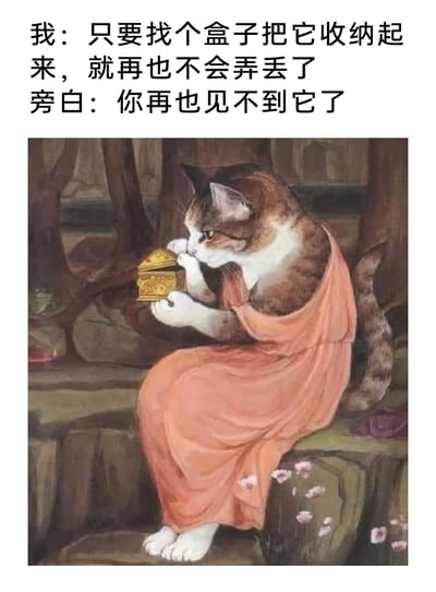 这是一张旧图再创作的搞笑梗图，将希腊神话中潘多拉的形象替换为身着粉色长袍的拟人化猫咪，猫咪正捧着金色雕花小盒子，模仿潘多拉即将打开魔盒的姿态。图上方搭配两段文字：“我：只要找个盒子把它收纳起来，就再也不会弄丢了”，旁白则吐槽“你再也见不到它了”，借用潘多拉魔盒的典故，调侃现实中很多人把东西收纳进盒子后，就彻底忘记存放位置、再也找不到物品的日常窘境，以拟人化的名画改编形式增加内容趣味性，引发大众对日常收纳痛点的共鸣。