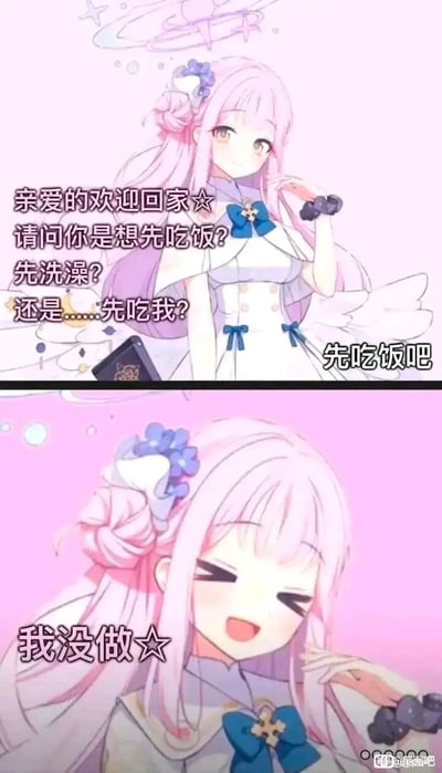 这是一张以游戏《蔚蓝档案》角色圣园未花为主体的上下拼接式搞笑梗图。上半部分中，圣园未花以温柔甜美的姿态迎接归家的人，给出“先吃饭、先洗澡、先吃我”三个选项，语气带着些许俏皮；当对方选择“先吃饭吧”后，下半部分的圣园未花立刻切换为搞怪的大笑眯眼表情，直白地说出“我没做☆”，通过前后的对话反差和角色表情的巨大转变，制造出意料之外的搞笑效果，用日常化的小整蛊场景，展现出角色的可爱反差感。