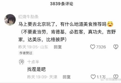 这是一张社交媒体评论区的搞笑截图，用户ID为“红烧牛肋条”的网友发文提问，称自己马上要去北京游玩，想请网友推荐北京地道美食，同时特意列出排除清单，将麦当劳、肯德基、必胜客、真功夫、吉野家、达美乐、比格披萨全部排除在外。另一位ID为“十点半”的网友直接回复“找茬是吧”，这条吐槽收获了1.1万赞，原提问收获7326赞且被内容原作者点赞，图顶部显示该内容共有3839条评论。该内容玩梗的点在于：被提问者排除的这些连锁品牌多数都发源于北京，常被网友调侃为北京本土品牌，提问者将这些全部排除，几乎没给推荐留下空间，因此被吐槽是故意找茬。