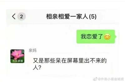 这是一张微信家庭群“相亲相爱一家人(5)”的聊天记录截图，群内成员“我”发送消息“我恋爱了😊”，向家人分享自己的“恋爱”动态，亲妈则立刻回复吐槽“又是那些呆在屏幕里出不来的人？”，精准调侃了当代年轻人常将虚拟偶像、屏幕中的明星等无法在现实中接触的对象当作“恋爱对象”的日常，充满家庭互动的搞笑与温馨氛围，戳中年轻人的共鸣点。