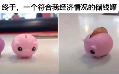 这是一张左右拼接的对比趣味梗图，图片顶部配有文字“终于，一个符合我经济情况的储钱罐”。左侧展示了一个造型迷你可爱的粉色小猪储钱罐放在浅色桌面上；右侧从侧后方展示该储钱罐，仅塞入一枚硬币就已经无法完全放进储钱罐，大半硬币露在储钱罐外部。图片用这个极小的储钱罐玩梗，调侃当代普通人经济不宽裕、没多少存款可以储存的现状，呼应“符合我经济情况”的说法，充满幽默感。