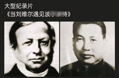 图片上方为文字标题“大型纪录片《当刘维尔遇见波...特》”，下方左右排列两张黑白人物肖像照，左侧人物为历史人物刘维尔，右侧人物身份未知，两人均表情严肃，背景为纯色。标题中部分文字被模糊处理。