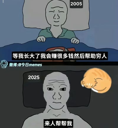 这是一张上下对比的梗图，展示了一个人在2005年和2025年的对比。2005年时，图中人物还是个孩子，躺在床上，面带微笑，充满理想地说："等我长大了我会赚很多钱然后帮助穷人"。而到了2025年，同一个人看起来苍老了许多，同样躺在床上，表情无奈，说："来人帮帮我"，旁边还有一只橘猫蜷缩着睡觉。图片通过强烈的对比，幽默地展现了理想与现实的差距。