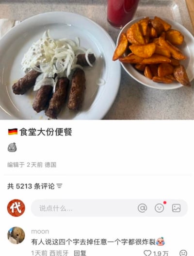 这是一张社交媒体截图，上方是德国食堂的一份便餐实拍：白色盘子里装着几根煎制的肉肠，搭配洋葱丝和白色蘸酱，旁边是一碗烤薯角与一杯红色饮品，配文标注“🇩🇪食堂大份便餐”。下方的热门评论玩起文字游戏，称“有人说这四个字去掉任意一个字都很炸裂😱”，将“食堂大份便餐”四字任意删减后，都会产生离谱的解读，比如“食堂大份餐”“堂大份便餐”“食堂大份便”等，制造出搞笑的调侃效果，该评论获得1.9万点赞，整体内容是海外生活里的餐食分享结合文字玩梗，引发网友趣味讨论。