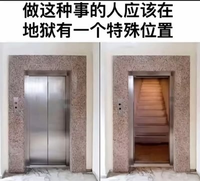 这张梗图分左右两格，左边是关闭的正常电梯门，右边是打开后的电梯，门后却不是电梯而是一排楼梯。顶部大字吐槽：做这种事的人应该在地狱有一个特殊位置。表达了对“表面是电梯，实际上却是楼梯”这种恶搞、迷惑设计的愤怒和无奈。氛围轻松搞笑，具有反转和“扎心”的效果。无谐音梗，只有夸张化的抱怨。
