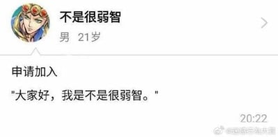 这是一张社交平台的虚构群聊申请截图梗图，用户名为“不是很弱智”，头像为JOJO的奇妙冒险角色乔鲁诺。自我介绍内容“大家好，我是不是很弱智。”与用户名产生幽默的自嘲反差，形成网络调侃式自黑氛围。

亮点为谐音/双关自嘲——名字与自我介绍前后呼应以及JOJO头像碰撞次元搞笑效果。