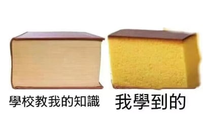 这是一张左右对比的静态网络梗图，采用文字加注的形式呈现。左侧展示了一本带有棕色封皮的厚重书籍，下方配有文字“学校教我的知识”，象征着学校所传授的庞大、系统且体量充足的知识内容；右侧则是一块外形与书籍高度相似的方形蛋糕，下方配有文字“我学到的”，用蛋糕来调侃自己实际从学校学到的知识量远少于学校传授的，带有自嘲自己学习效率低下、知识吸收有限的意味，或是用这种有趣的反差来戏谑学习过程中理想与现实的巨大差距，整体风格幽默诙谐，精准戳中很多学习者的共鸣。