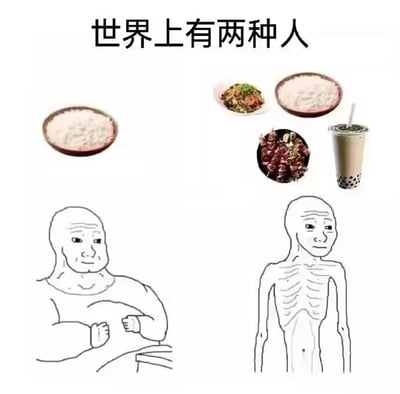 这张梗图用对比方式展示了两种不同饮食习惯的人。左边是一个胖乎乎的简笔画人物，头顶只有一碗白米饭；右边是一个瘦骨嶙峋的简笔画人物，头顶有多种食物（炒菜、米饭和奶茶）。通过这种夸张对比制造幽默效果，暗示饮食与体型之间的复杂关系。