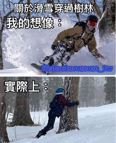 这是一张上下对比的搞笑梗图，展示了滑雪穿过树林时想象与现实的巨大反差。上图中，一位滑雪者身着棕色外套和黑色头盔，正帅气地在林间雪道滑行，雪花飞溅，姿态专业，配文“关于滑雪穿过树林 我的想像：”；下图则画风突变，另一位滑雪者穿着深色外套和蓝色头盔，狼狈地紧紧抱住树干，周围是白茫茫的雪地和树林，配文“实际上：”，通过强烈对比制造出幽默效果。
