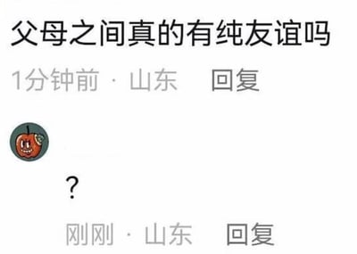 社交媒体评论截图，展示了一个关于"父母之间是否存在纯友谊"的提问和一个带有问号的回复。提问者位于山东，头像为一个带有调皮表情的拟人化苹果形象。