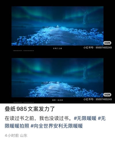这是小红书用户发布的玩梗内容，由两张《无限暖暖》的游戏场景对比图组成：上图是有暖暖角色的幽蓝极光场景，配文案“在死亡之前”；下图是同一角色消失的场景，配文案“我曾一直活着”。用户配文吐槽“叠纸985文案发力了”，还玩梗“在读过书之前，我也没读过书”，调侃游戏文案的“废话文学”风格，用看似有深意但实际逻辑闭环的无意义对比制造笑点，属于对游戏内容的趣味吐槽。