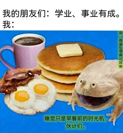 这是一张带有自嘲意味的幽默梗图，通过鲜明的对比展现了两种截然不同的生活状态。图片上方文字标注“我的朋友们：学业、事业有成。”，代表着身边同龄人在学业与事业领域都取得了不错的成就；下方则以“我：”引出合成画面——一只咧嘴大笑、表情惬意满足的馒头蛙趴在由堆叠的松饼（配黄油）、双黄煎蛋、培根、咖啡组成的丰盛早餐旁，搭配文字“睡觉只是早餐前的时光机，伙计们。”，以此表达自己与朋友的奋进状态不同，一心沉浸在享受美食、慵懒度日的躺平生活中，用戏谑的方式调侃自己安于现状、不求上进的心态，精准戳中当代年轻人面对同辈压力时的自嘲心理，容易引发共鸣。