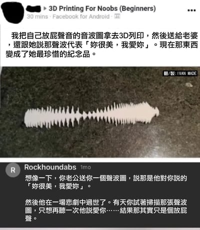 這張梗圖描述有人將自己放屁的聲音製作成音波圖，3D列印出來當作紀念品送給老婆，並謊稱這是說「妳很美，我愛妳」的聲波。圖下另有網友幽默補刀，想像如果送出這個禮物的人意外過世，老婆懷念時拿著聲波圖掃描，只為再聽一次愛意，卻發現那是放屁聲，形成強烈反差與笑點。

本圖核心是以具冒犯感的屁聲偽裝為浪漫告白，並延伸出灑狗血的“感人”橋段，實際則是double punch（雙層幽默）。

雙關/暗示梗：將放屁聲包裝成浪漫語句，並利用對比產生幽默效果。