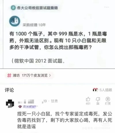 这是一张社交媒体截图，上方展示了微软中国2012年的校招面试题：有1000个瓶子，其中999瓶是水、1瓶是毒药，外观无法区分，要求用10只小白鼠找出毒药。该题的正确解法为：将1000个瓶子从1到1000编号，转换为10位二进制数；给10只小白鼠分别对应二进制的10个位数，每只小白鼠喝下所有对应位数为1的瓶子的液体；一段时间后，根据死亡的小白鼠对应的二进制位，组合成的数字就是毒药瓶子的编号，因为2^10=1024，足够覆盖1000个瓶子的编号。下方是皮皮虾平台的一条搞笑评论，内容为「捏死一只小白鼠，找个专家鉴定成毒死，发公告毒药找到了，剩下的大家放心喝，再有人死就是造谣」，用荒诞讽刺的方式回应了需要逻辑推理的面试题，充满笑点。