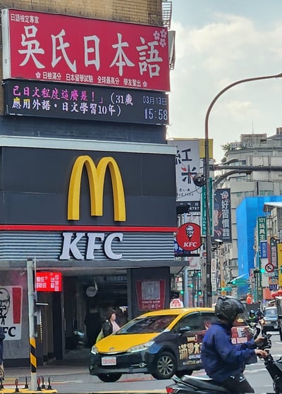 这是一张拍摄于台湾街头的真实照片，画面里的建筑外立面上，麦当劳的金色M标志位于KFC的招牌上方，作为快餐界的两大竞争对手，这种“上下叠放”的布局形成了极具反差感的滑稽视觉效果；建筑上方还有“吴氏日本语”的语言培训机构招牌，其电子显示屏上滚动着「己日文程度這麼差！」（31歲 應用外語・日文學習10年）的文字，同时显示日期为03月13日、时间15:58。街道上有黄色出租车、骑摩托车的路人，呈现出热闹的城市日常街景。

笑点在于竞品品牌招牌的意外排列，营造出搞笑的巧合感。