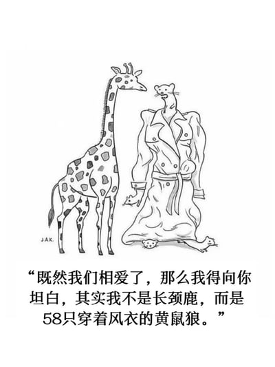 黑白线稿风格的卡通图，左侧是一只正常的长颈鹿，右侧站着一个穿着长风衣、身形高大的角色，其风衣下摆露出几只小脑袋和爪子。图下方配有文字：'既然我们相爱了，那么我得向你坦白，其实我不是长颈鹿，而是58只穿着风衣的黄鼠狼。' 画面通过夸张的设定制造幽默效果，暗示右侧角色是由多只黄鼠狼堆叠伪装而成。