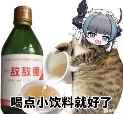这是一张经过P图改编的静态搞笑图，画面主体是一只狸花猫的身体，头部被替换成手游《碧蓝航线》中角色柴郡的女仆风格头像，该角色眼睛睁大、嘴巴张开，表情惊讶又带点兴奋；猫咪正用爪子拿着容器往白色碗中倾倒液体，画面左侧放置着一瓶标有‘敌敌畏’字样的绿色剧毒农药瓶，图片下方配有文字‘喝点小饮料就好了’。作品通过将剧毒农药调侃成可饮用的‘小饮料’这种极度反常识、荒诞的设定，制造出黑色幽默的恶搞效果，通常用于在他人倾诉烦恼、吐槽时，用夸张离谱的方式回应，属于网络搞笑表情包类创作。