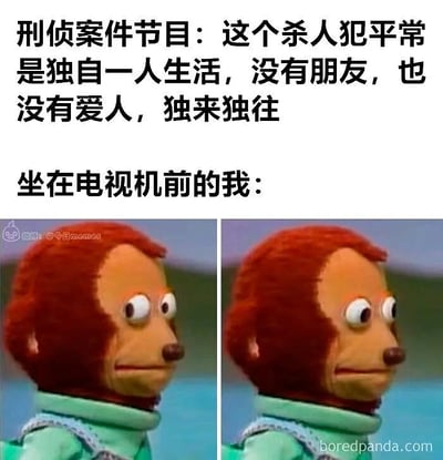 这张梗图利用刑侦节目常用桥段，描述犯罪嫌疑人都是独来独往、没有朋友的样子。下方配合两个定格动画角色的表情图（画面经过模糊处理），形象地表现屏幕前观众自嘲、带入、尴尬的心理。全图气氛轻松幽默，讽刺现代社会孤独现象，让人会心一笑。