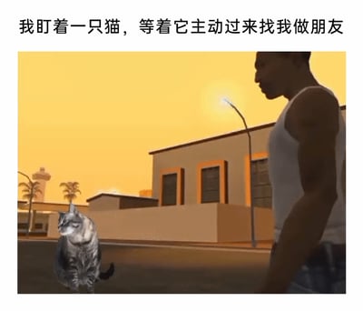 这是一张经过P图改编的搞笑图文作品，背景是经典游戏《侠盗猎车手：圣安地列斯》里的美式街道场景，游戏主角卡尔·约翰逊（CJ）侧身站在街道一侧，专注地盯着前方一只被合成进场景的真实猫咪。图片上方配有文字“我盯着一只猫，等着它主动过来找我做朋友”，原本在游戏里是街头硬汉形象的CJ，此刻却带着期待的姿态盼着猫咪主动和自己交友，而猫咪扭头、神态不耐烦的样子，和CJ的期待形成反差，让整个画面充满了诙谐搞笑的氛围。