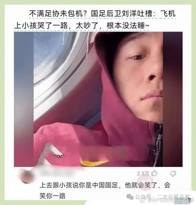 这张图是国足后卫刘洋在民航飞机上的自拍截图，上方配文描述刘洋吐槽足协未包机，飞机上小孩哭闹一路导致自己无法休息。下方的网友评论玩梗，用国足的成绩争议点调侃刘洋：“上去跟小孩说你是中国国足，他就会笑了，会笑你一路”，通过讽刺的方式回应刘洋的吐槽，无特殊双关、谐音梗，直接针对国足战绩争议进行玩梗。