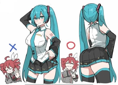 这是一张VOCALOID/UTAU角色的搞笑同人对比图，画面分为左右两部分：左侧是初音未来的正面形象，她单手扶头、单手叉腰，面露窘迫的微笑，旁边的蓝色叉号和摆手嫌弃的重音Teto表示这个形象不被认可；右侧是初音未来的背面形象，旁边的红色圆圈和比出认可手势的重音Teto表示这个形象更受欢迎。图中通过角色的表情、动作和符号对比，玩起了“偏好背影胜过正面”的趣味反差梗，调侃了特殊审美偏好的搞笑点。