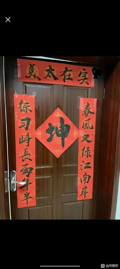 这是一张拍摄入户门的照片，门上张贴了充满网络趣味的创意春联。横批为手写的“实在太美”，右侧还有手绘的爱心涂鸦；右侧上联采用王安石《泊船瓜洲》中的原句“春风又绿江南岸”，左侧下联则是网络热梗内容“练习时长两年半”，中间倒贴的菱形红纸上写着“坤”字，结合下联内容，是玩艺人蔡徐坤的相关网络梗，将传统春节春联形式与当代网络热梗结合，打造出极具趣味性的搞笑内容，充满网感。