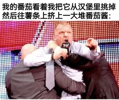 图片上方配有文字：'我的番茄看着我把它从汉堡里挑掉然后往薯条上挤上一大堆番茄酱：'，下方是一张WWE现场截图，图中一名穿衬衫打领带的光头男子（手持带有WWE标志的麦克风）被另一名男子从背后抱住，他表情愤怒，嘴巴大张，右手伸出食指指向前方，仿佛在对'番茄被挑掉却挤番茄酱'这一行为表示震惊和质问。整体通过拟人化的番茄视角和夸张的WWE愤怒表情，形成幽默的吐槽效果。