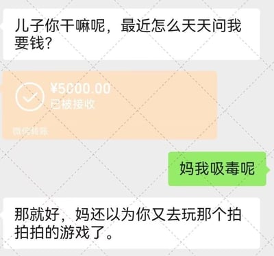 这是一张竖屏的微信聊天记录截图，完整呈现了一段母子间的搞笑对话：
1. 妈妈先发消息询问儿子：“儿子你干嘛呢，最近怎么天天问我要钱？”
2. 界面显示一笔5000元的微信转账已被接收
3. 儿子回复：“妈我吸毒呢”
4. 妈妈松了口气回复：“那就好，妈还以为你又去玩那个拍拍拍的游戏了。”

这张图通过极端的对比制造反讽效果，用“吸毒”和“玩氪金游戏”的反差，调侃某些网络游戏的氪金程度远超想象，甚至让家长觉得“吸毒”都比玩这类游戏更容易接受，以此讽刺游戏过度氪金的乱象，充满黑色幽默。