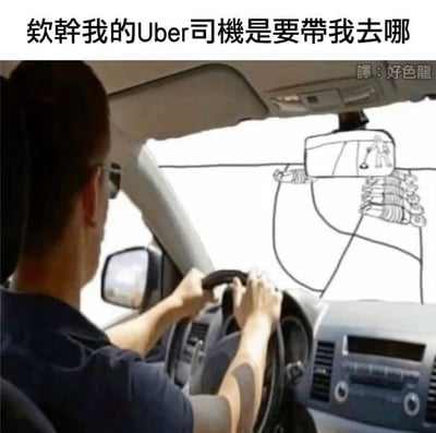 图片中显示一名男性司机正驾驶车辆，从后方视角可见其双手握着方向盘。挡风玻璃上叠加了一幅手绘风格的地图，地图旁标注有类似“好色龍”（意为“色龙”或“变态”）的图案。图片顶部配有文字“欸幹我的Uber司機是要帶我去哪”，表达了乘客对司机行驶路线的疑惑与调侃，结合手绘地图的“好色龍”元素，形成一种幽默的吐槽效果，暗示司机可能在绕路或前往奇怪的地方。