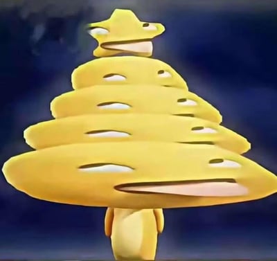这是一张魔性的二次创作图，将宝可梦IP中的经典角色可达鸭的标志性面部形象层层堆叠，组合成了圣诞树的外形。从顶部迷你的星型可达鸭脸，到底部宽大的可达鸭脸，每一层都保留了可达鸭半睁着眼、生无可恋的慵懒表情，整体造型滑稽洗脑，充满无厘头的整活趣味，没有双关或谐音梗。
