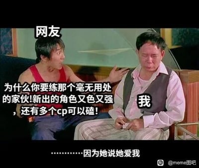 这是一张改编自经典电影《功夫》场景的网络梗图，图中左侧被标注为“网友”的角色（由周星驰饰演），带着激动不解的神情，伸手劝说右侧标注为“我”的角色，让其放弃在游戏中培养那个“毫无用处”的冷门角色，转而尝试新推出的、颜值高强度强且有大量CP可以磕的热门角色；而右侧的“我”则带着委屈难过的神情，给出了“因为她说她爱我”的回应，精准地诠释了部分游戏玩家对冷门游戏角色的特殊情感——这种喜爱无关角色的强度，而是源于对角色的情感认同，能引发同类玩家的强烈共鸣。