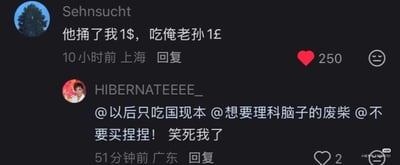 这是一张深色模式的社交媒体评论区截图，共展示两条评论：第一条由用户Sehnsucht发布，内容为“他捅了我1$，吃俺老孙1£”，利用中文谐音玩梗，将美元符号$对应的中文俗称“刀”对应“捅了一刀”的“刀”，英镑符号£的发音谐音“棒”，化用了日常表述和《西游记》中孙悟空的经典台词“吃俺老孙一棒”，趣味性十足，该评论10小时前发布于上海，获得250个点赞；第二条是用户HIBERNATEEEEE_的回复，艾特了三名其他用户并表示该梗很好笑，该回复51分钟前发布于广东，获得2个点赞。