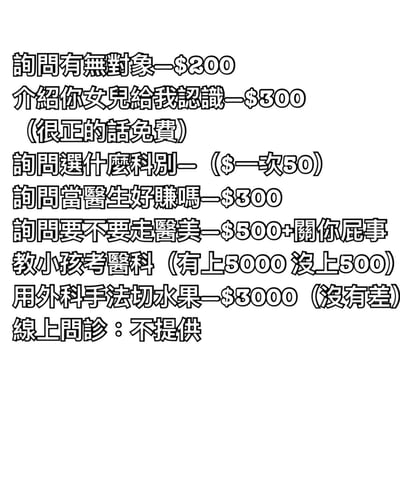 这是一张纯文字的搞笑价格表图片，以幽默调侃的方式列出了针对医生的各类“咨询服务”及收费标准。内容包括：询问有无对象收费200美元，介绍女儿认识收费300美元（注明“很正的话免费”），询问选什么科别每次50美元，询问当医生是否好赚300美元，询问要不要走医美则收费500美元并附加“关你屁事”，教小孩考医科成功上了收费5000美元没上则500美元，用外科手法切水果3000美元（括号注明“没有差”），最后明确标注“线上问诊：不提供”。整体风格诙谐，通过夸张的定价和调侃性备注，讽刺了日常生活中人们对医生可能提出的各种不合时宜或私人的问题。