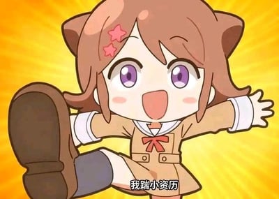 图中是Q版的户山香澄，出自二次元企划《BanG Dream!》的衍生Q版动画，她摆出单腿抬起、手臂张开的活泼姿势，背景是放射状暖黄色光芒，表情兴奋开朗。图下方配有文字“我踹小资历”，用来表达对职场中倚老卖老、摆资历人群的不满，用活泼的动画画面搭配吐槽文字形成反差感，没有谐音、双关或暗示类内容。