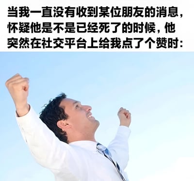 图片上方是黑色文字，内容为：'当我一直没有收到某位朋友的消息，怀疑他是不是已经死了的时候，他突然在社交平台上给我点了个赞时:'。下方是一张男子在蓝天下高举双臂庆祝的照片，男子穿着白衬衫和领带，表情兴奋。这张图幽默地表达了当久未联系的朋友突然在社交平台互动时的夸张反应。