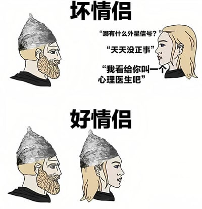 这是一张对比坏情侣和好情侣差异的梗图。上半部分'坏情侣'中，戴锡纸帽的男性被女性质疑'哪有什么外星信号？''天天没正事''我看给你叫一个心理医生吧'；下半部分'好情侣'中，男女双方都戴上了锡纸帽，展现了对伴侣怪癖的包容与接纳。