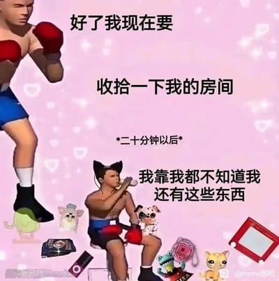 这张meme通过前后对比的场景，精准还原了多数人收拾房间时的真实状态。画面上方，身着拳击装备的3D角色摆出充满斗志的姿势，配文“好了我现在要收拾一下我的房间”，展现出整理房间的初始决心；标注“二十分钟以后”的画面下方，同一个角色戴着猫耳发饰，坐在一堆被翻找出来的旧物品中间，正拿着物品查看，配文“我靠我都不知道我还有这些东西”，周围散落着拓麻歌子、掌上游戏机、童年玩偶等充满怀旧感的物品，生动表现出人们在收拾房间时，原本的整理计划被翻出的旧物打断，沉浸在回忆和对旧物的惊讶中，忘记初衷的日常，引发强烈的情感共鸣。