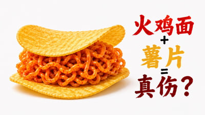 图片主体为两片黄色薯片中间夹着裹满红色辣酱的火鸡面的创意组合，右侧配有文字“火鸡面+薯片=真伤？”，是对应火鸡面薯片反向提醒梗的玩梗内容