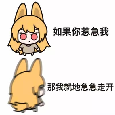 这是一张上下分栏的卡通趣味梗图：
上栏是有着黄色长发和兽耳的卡通女孩，皱着眉头、红着眼睛，气鼓鼓地叉腰，配文「如果你惹急我」；
下栏是这个女孩转身快步走开的背影，配文「那我就急急走开」。
图中用看似愤怒却只会逃避的反差感，表现出软萌怂态，用来表达自己生气但不敢发作、只能躲开的心情，没有双关或谐音梗。